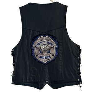 Black Leather Motorcycle Biker Vest Law Enforcement Police Shield Patch 44